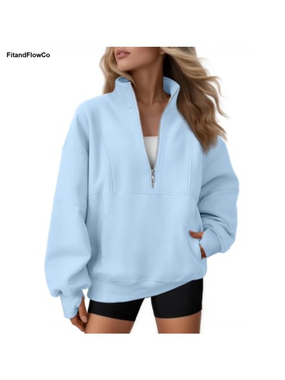 Oversized Fleece Quarter Zip Sweatshirt Mock Neck Pullover Thumbholes